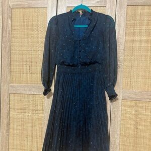 Ann Taylor Navy Long-Sleeve Pleated Midi Dress with Subtle Dot Detail